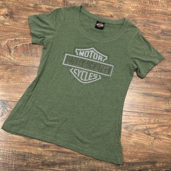 Harley Davidson Shirt Womens M* Green Rhinestone Studded Riding Biker Edgy Motor - Picture 1 of 8